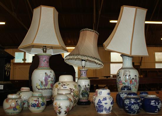 3 Chinese lamps & collection of ginger jars